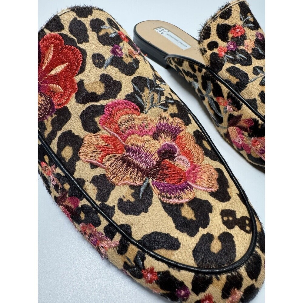 INC Women's Leopard Floral Embroidered Flats Real Calf Hair Mules Shoes 10.5 - Picture 6 of 16